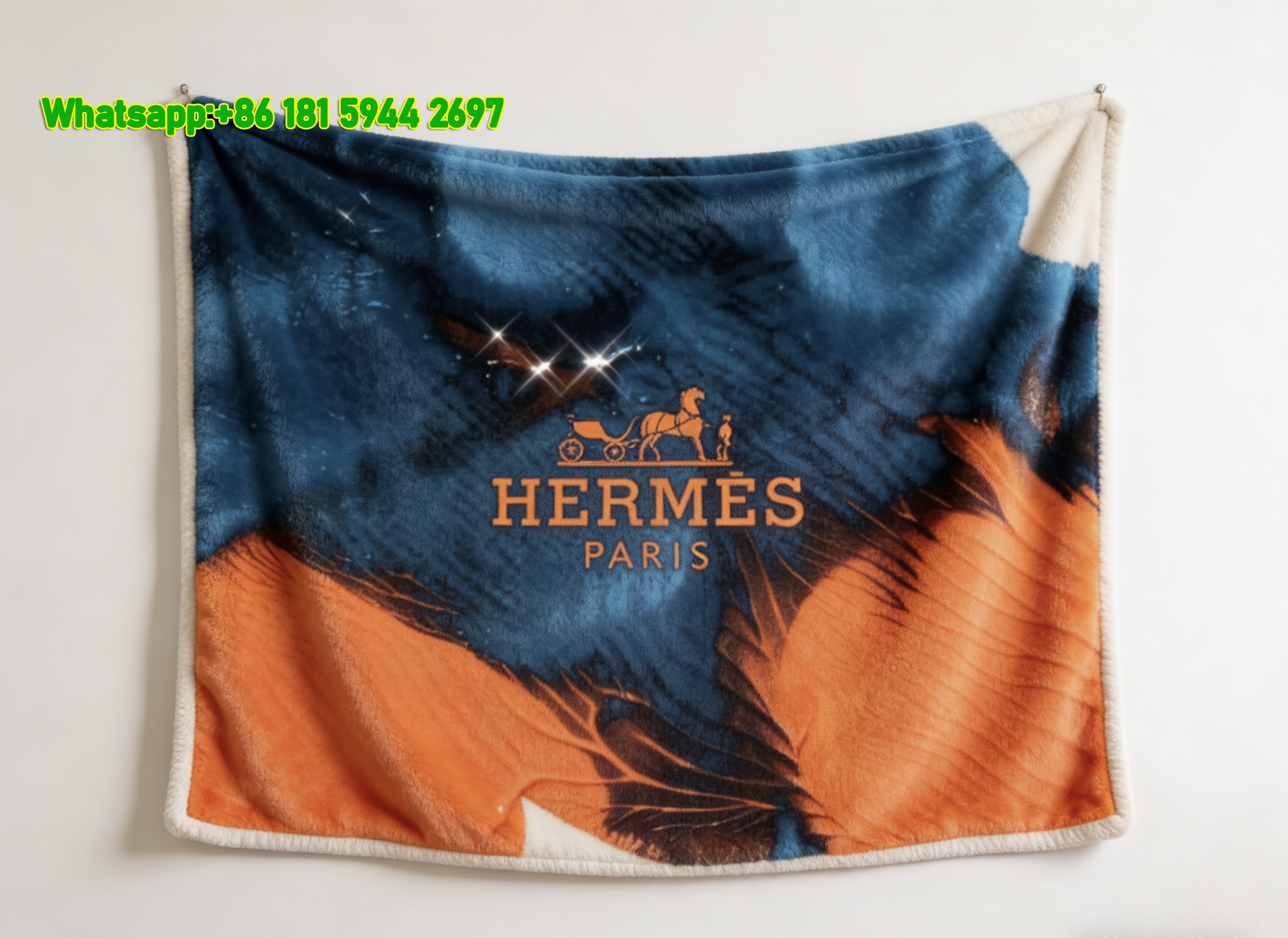 Hermès Blue & Orange Ink Wash Print Flannel Throw Blanket IMG_5117